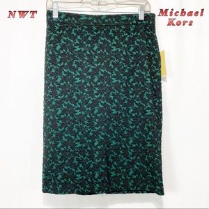 NWT-Michael Kors-Green and Black Embroidered Straight Skirt S